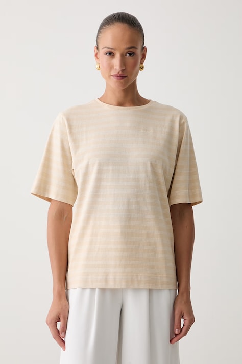 BOSS Orange T-shirt oversize damski bawełniany C_Eregular_stripe_1 beżowy 50567124