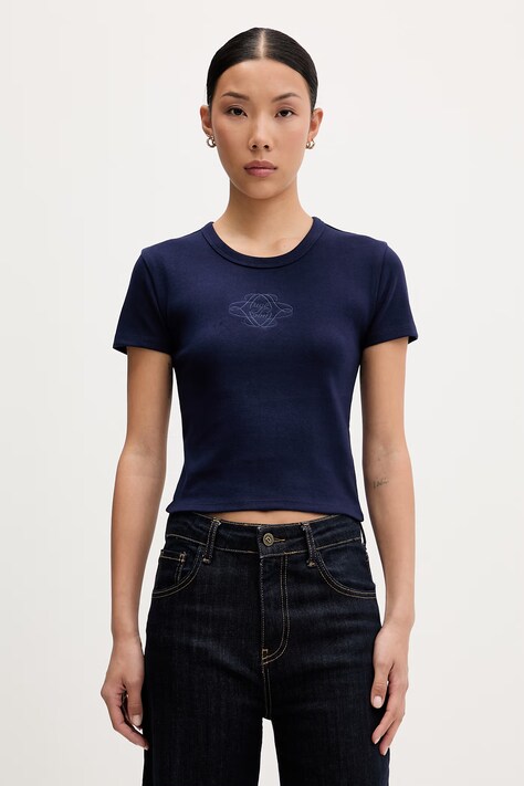 HUGO crop top damski z bawełną Delanor_4 granatowy 50570857