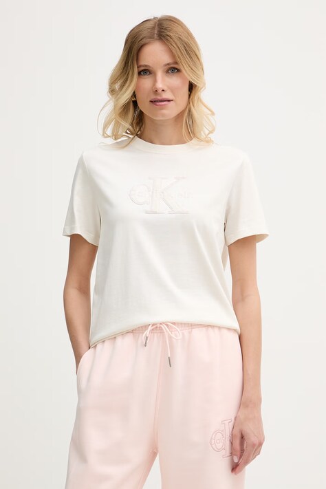 Calvin Klein Jeans T-shirt damski bawełniany beżowy LV047G829G