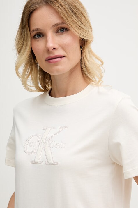 Calvin Klein Jeans T-shirt damski bawełniany beżowy LV047G829G