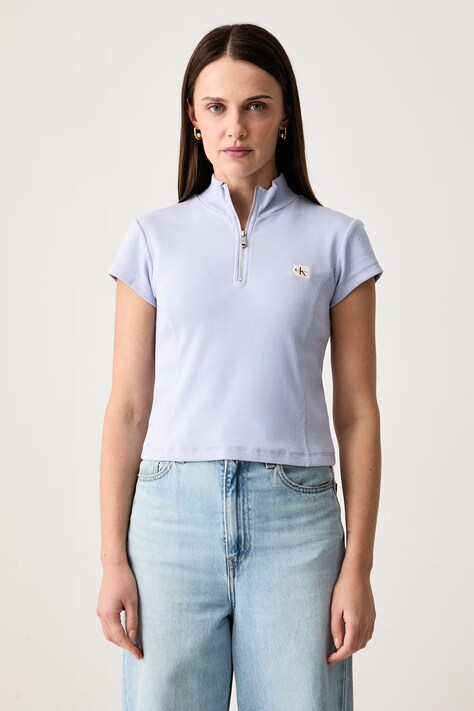 Calvin Klein Jeans Crop top damski bawełniany z elastanem fioletowy LV047G240G