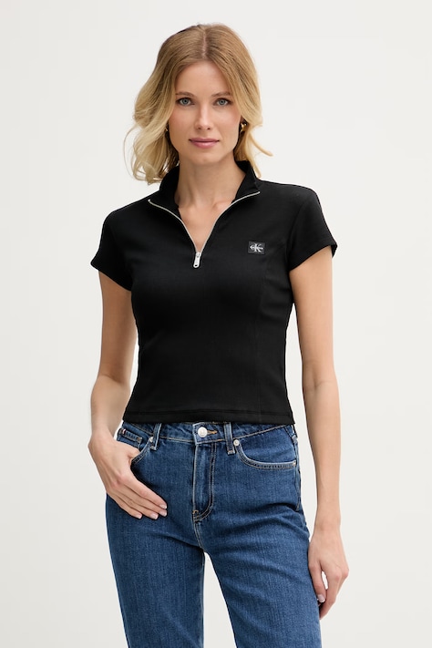 Calvin Klein Jeans crop top damski bawełniany z elastanem czarny LV047G240G