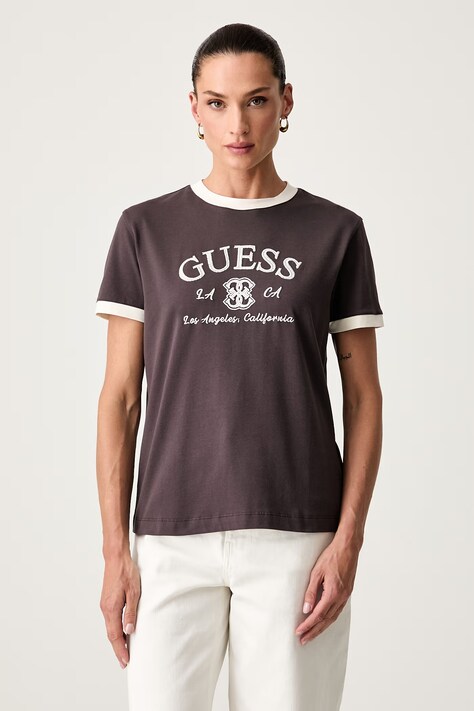 Guess T-shirt damski bawełniany z elastanem HOSHI brązowy V6YI18 K4320