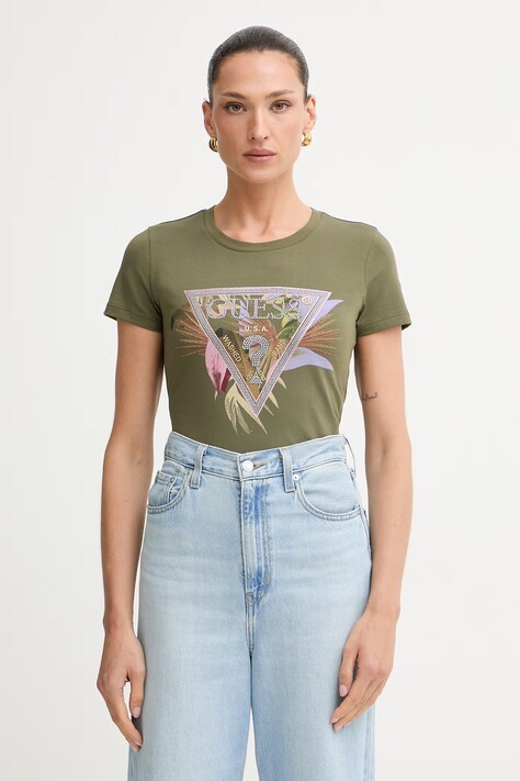 Guess t-shirt γυναικείο βαμβακερό με ελαστάν PALM πράσινο W6YI26 K4345