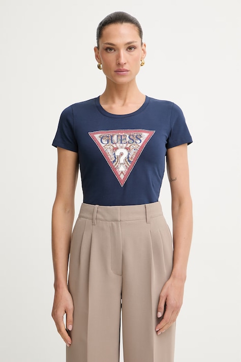 Guess majica za žene od pamuka s elastanom PAISLEY mornarsko plava W6YI25 K4344