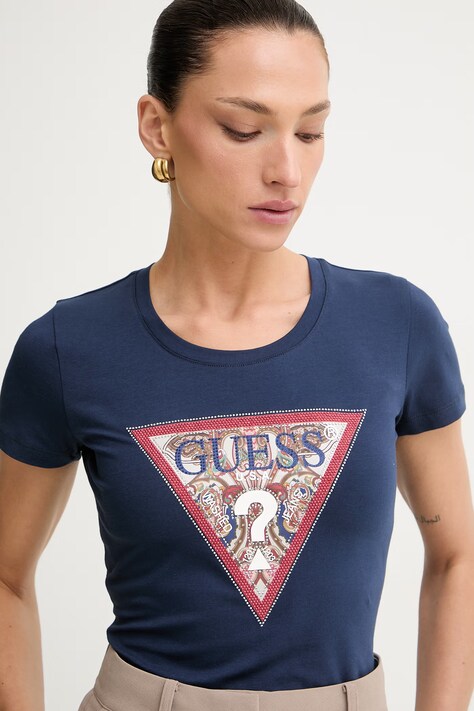 Guess t-shirt γυναικείο βαμβακερό με ελαστάν PAISLEY σκούρο μπλε W6YI25 K4344