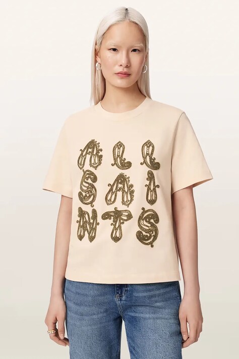 AllSaints Tricou oversized pentru femei din bumbac ELLA bej W136JE