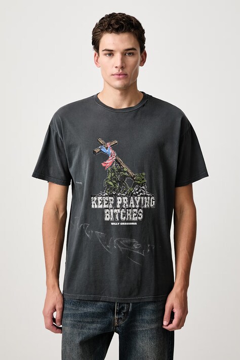 Willy Chavarria KEEP PRAYING BITCHES EASY tricou oversized din bumbac pentru bărbați negru MUJTE018.062N