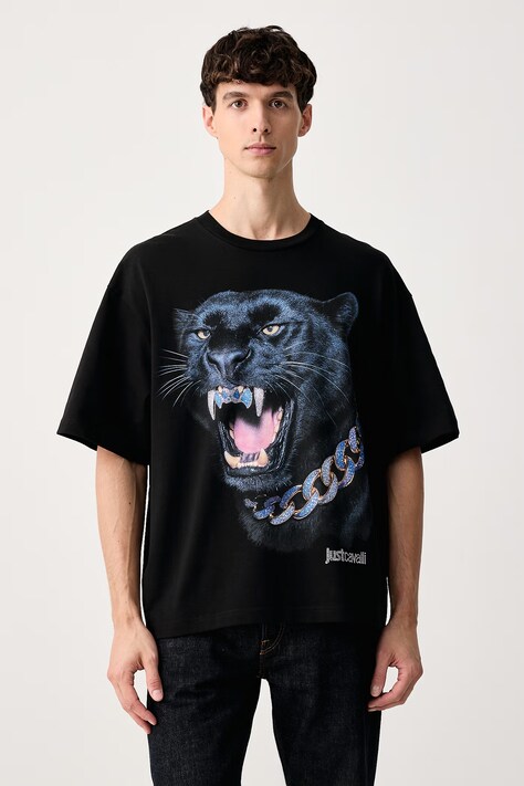 Just Cavalli T-shirt męski bawełniany czarny 81OAHE10 CJ118