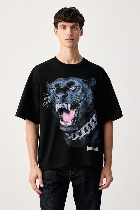 Just Cavalli T-shirt męski bawełniany czarny 81OAHE10 CJ118