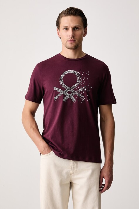 United Colors of Benetton Tričko pánske bavlnené burgundské 39VFU10CP