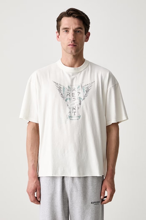 T-shirt z bawełną męski beżowy MLM101141