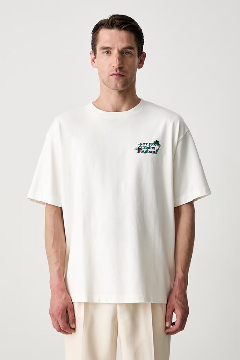 Drôle de Monsieur T-shirt męski bawełniany Vine Embroidered Slogan beżowy L-TS327-CO248
