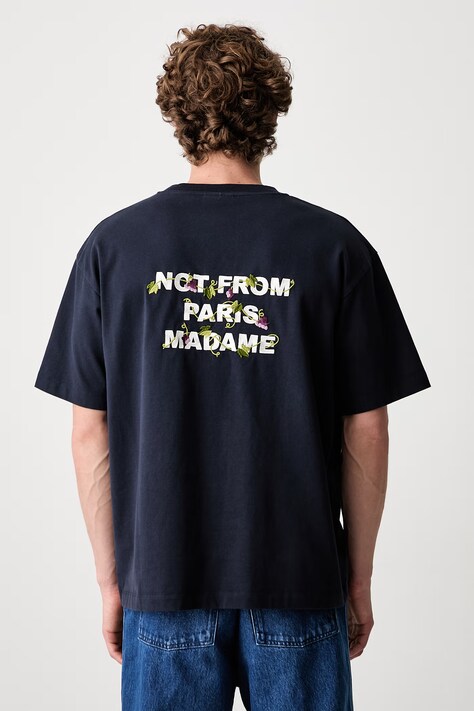 Drôle de Monsieur T-shirt męski bawełniany Vine Embroidered Slogan granatowy L-TS327-CO248