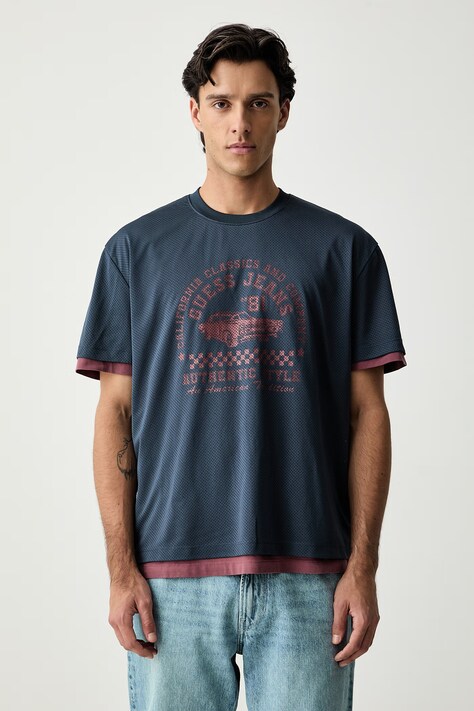 Guess Jeans T-shirt męski skórzany granatowy M6YI15 K3946
