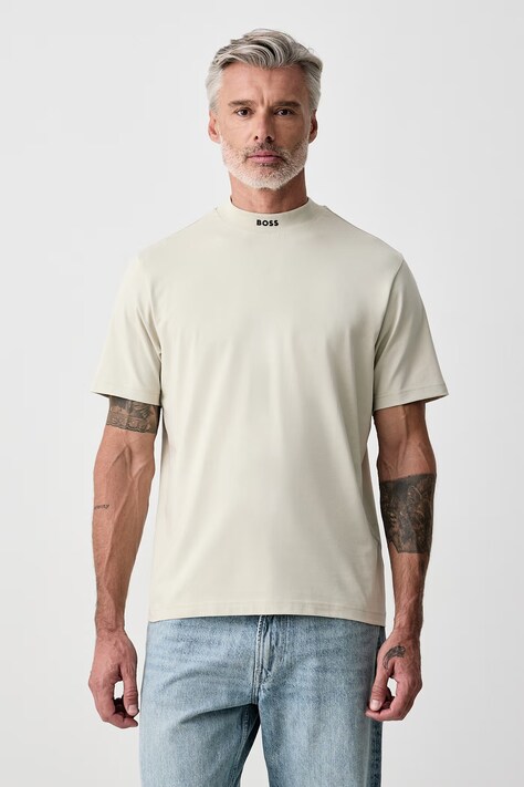 BOSS Green T-shirt męski bawełniany z elastanem Tee Collar beżowy 50562120