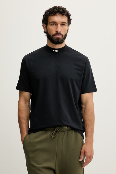 BOSS Green T-shirt męski bawełniany z elastanem Tee Collar czarny 50562120