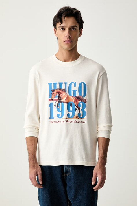 HUGO Blue longsleeve męski bawełniany Nevalon beżowy 50566045