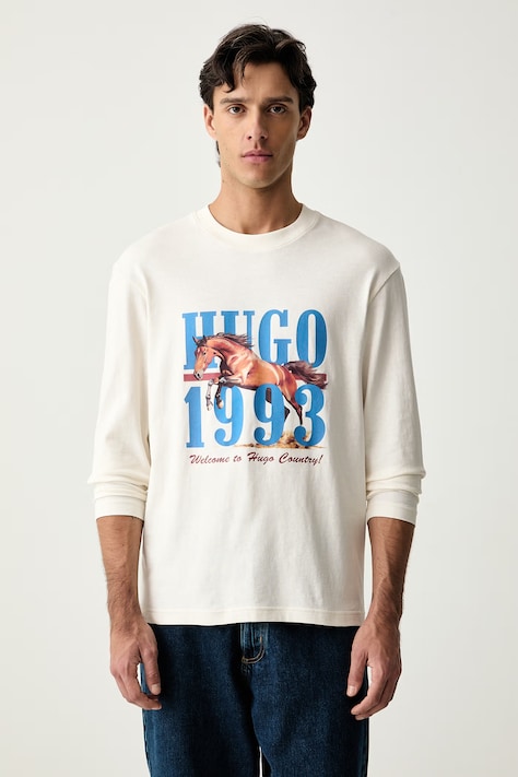 HUGO Blue longsleeve męski bawełniany Nevalon beżowy 50566045