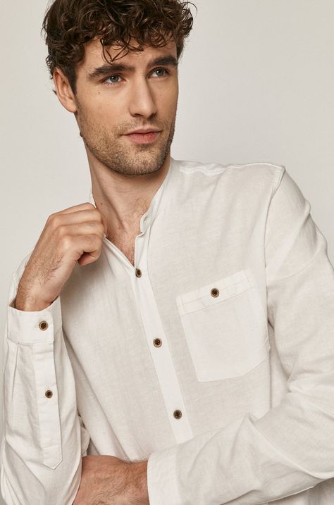 Lniana koszula męska ze stójką biała