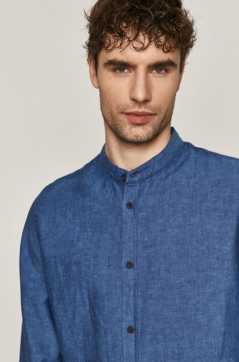 Lniana koszula męska slim ze stójką niebieska