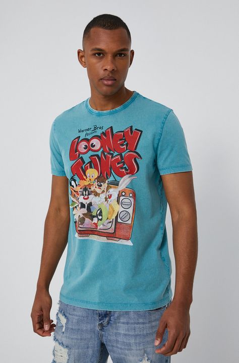 T-shirt męski z nadrukiem Looney Tunes turkusowy