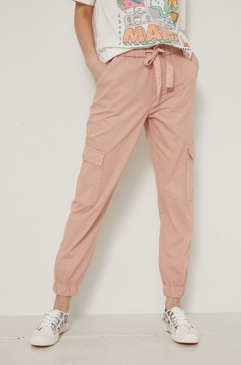 Spodnie bawełniane damskie joggery high waist różowe