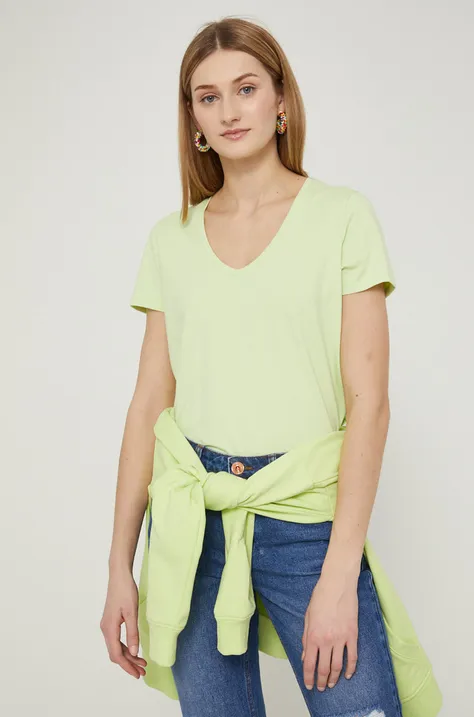 T-shirt bawełniany damski gładki z domieszką elastanu seledynowy