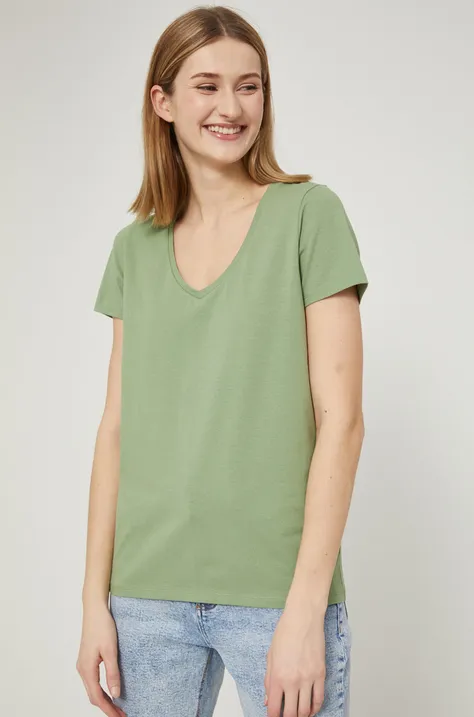 T-shirt bawełniany damski gładki z domieszką elastanu zielony