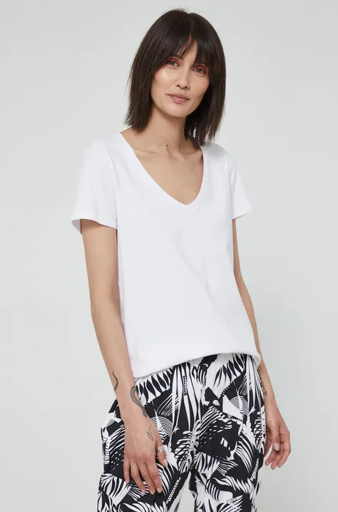 T-shirt bawełniany damski gładki z domieszką elastanu biały