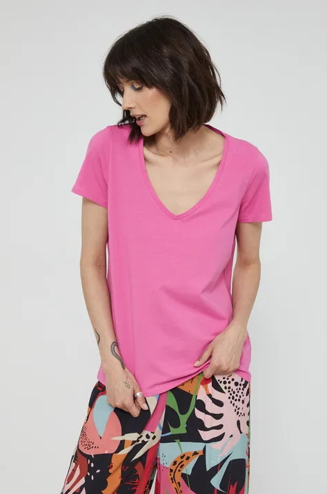 T-shirt bawełniany damski gładki z domieszką elastanu różowy
