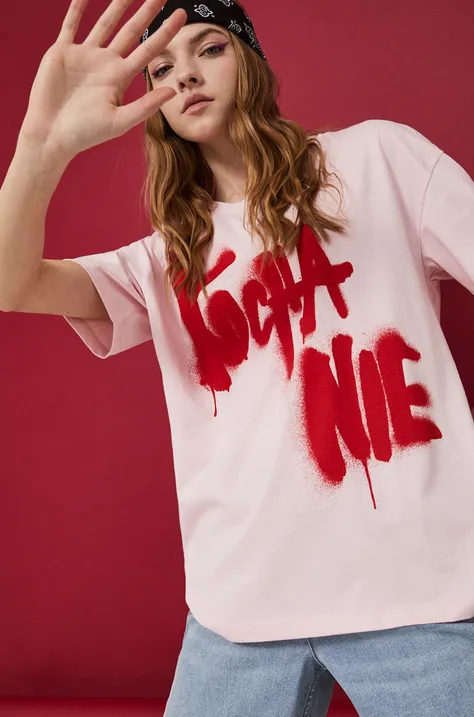 T-shirt bawełniany damski z nadrukiem różowy