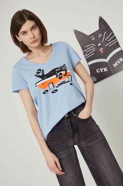 T-shirt bawełniany z nadrukiem damski by Jakub Zasada niebieski