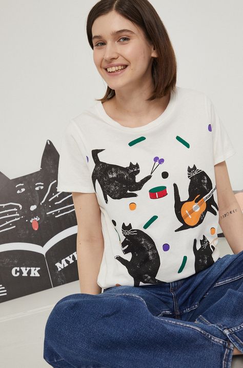 T-shirt bawełniany z nadrukiem damski by Jakub Zasada beżowy