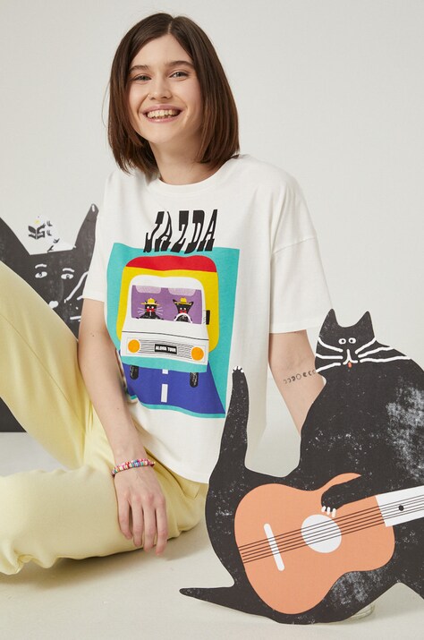 T-shirt bawełniany z nadrukiem damski by Jakub Zasada beżowy
