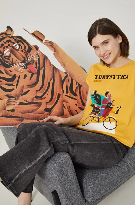 T-shirt bawełniany damski z nadrukiem by Jakub Zasada żółty