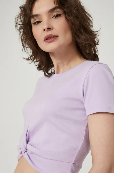 T-shirt bawełniany damski gładki z domieszką elastanu fioletowy