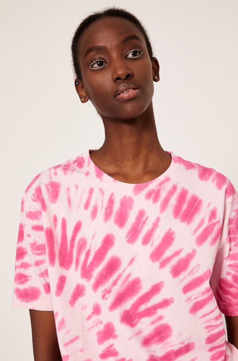 T-shirt bawełniany damski wzorzysty różowy