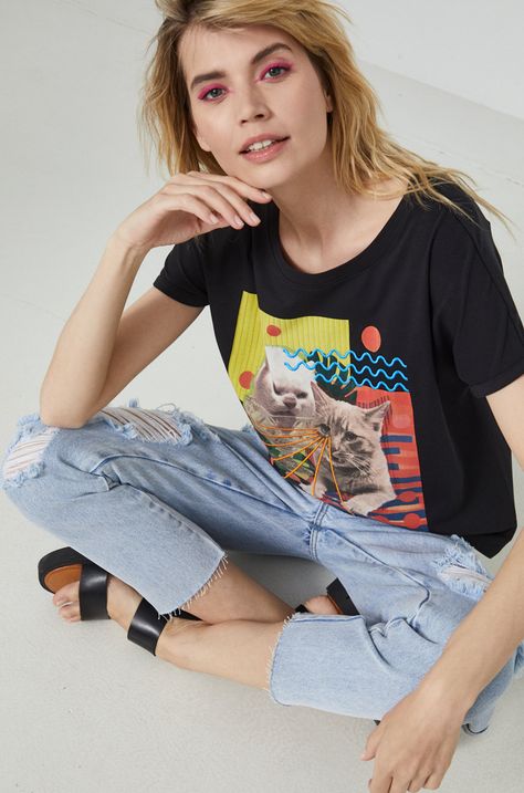 T-shirt bawełniany damski z kolekcji Kolaże by Panna Niebieska czarny