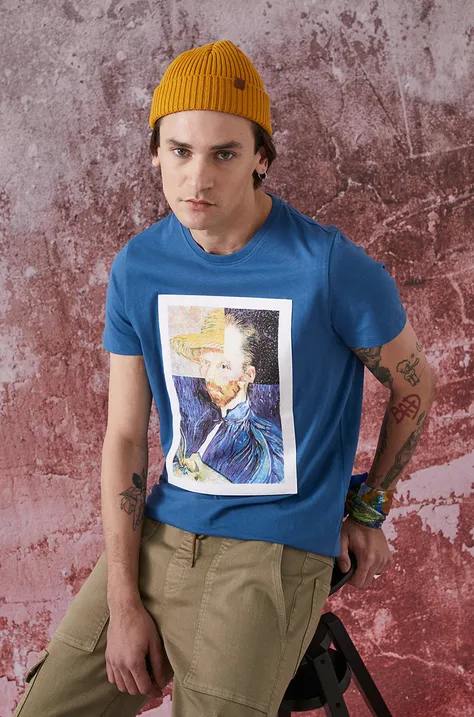 T-shirt z bawełny organicznej Eviva L'arte męski z nadrukiem niebieski