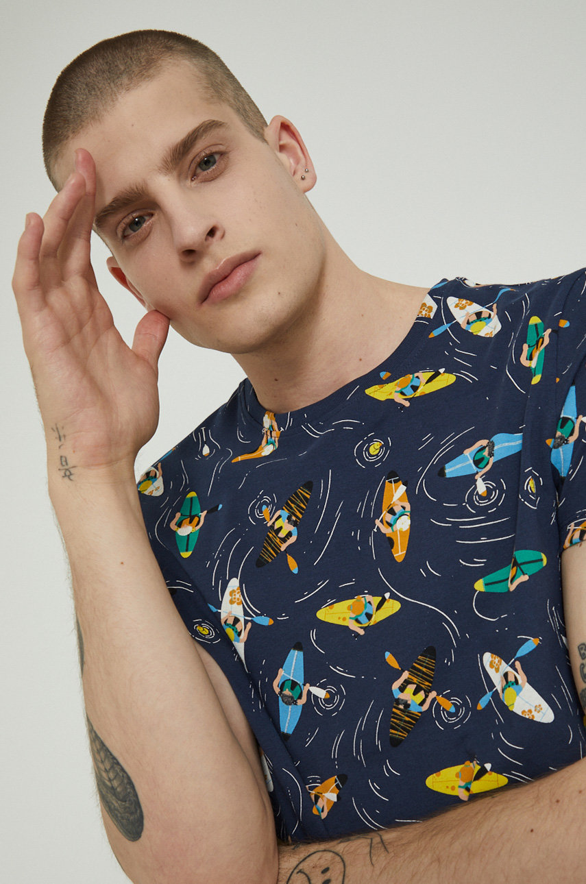 T-shirt z bawełny organicznej męski z nadrukiem granatowy