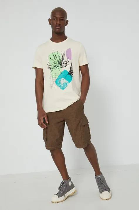 T-shirt z bawełny organicznej męski z nadrukiem beżowy