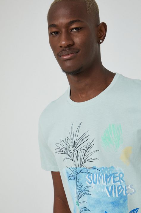 T-shirt z bawełny organicznej męski z nadrukiem turkusowy
