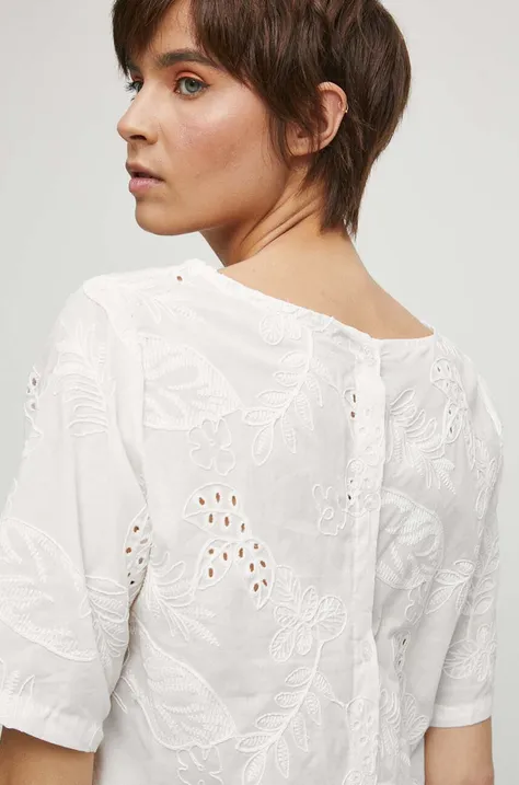 Bluzka bawełniana damska z ozdobnym haftem kolor biały