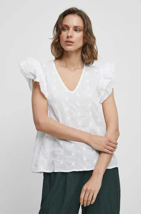 Bluzka bawełniana damska z ozdobnym haftem kolor biały