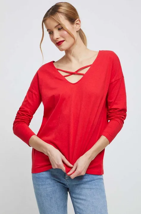 Bavlnené tričko s dlhým rukávom dámsky červená farba