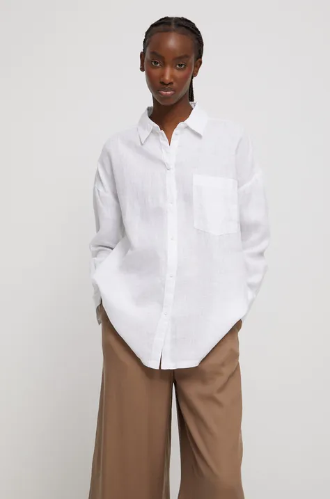Ленена риза Medicine дамска в бяло със свободна кройка с класическа яка