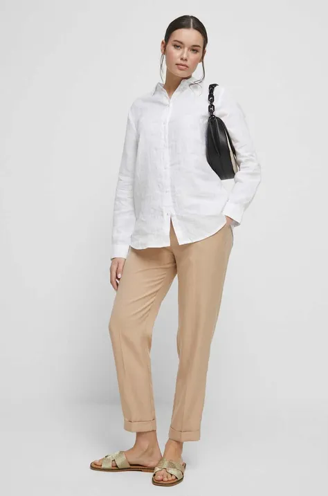 Ленена риза Medicine дамска в бяло със стандартна кройка с класическа яка