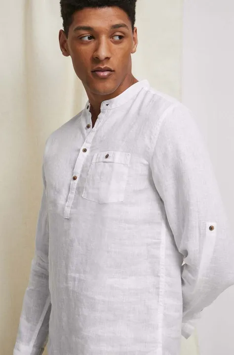 Koszula lniana męska ze stójką kolor biały