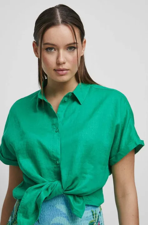 Medicine koszula lniana damska kolor zielony regular z kołnierzykiem klasycznym